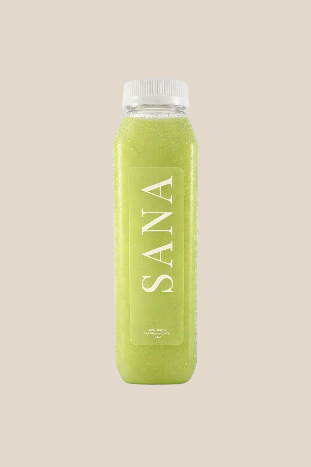 Bottle of Glowing Skin Juice, organic cold-pressed cucumber, apple, lemon and ginger juice by SANA Wellness Bar, Orlando