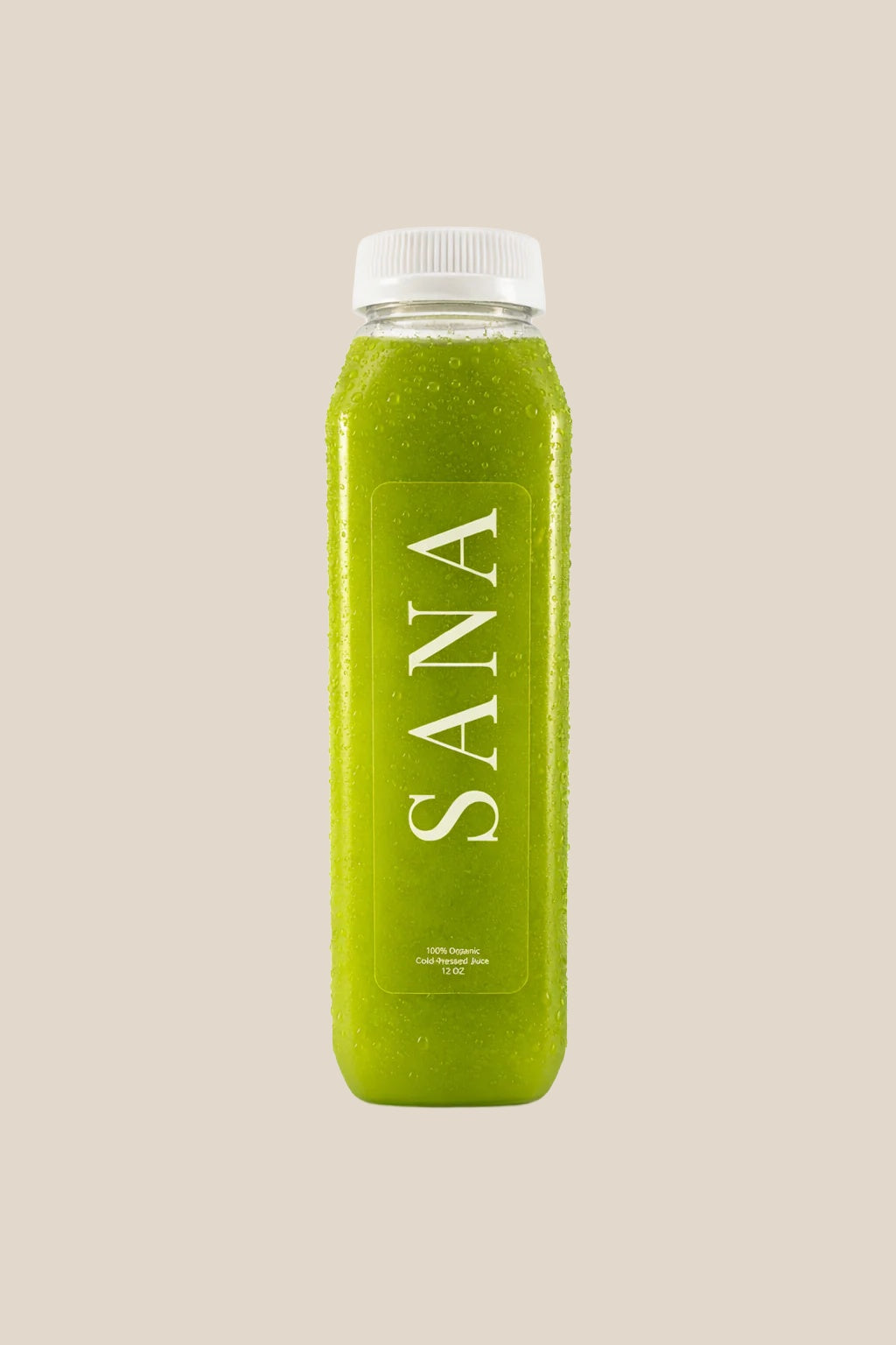 Bottle of Sweet Greens Juice, organic cold-pressed apple, pineapple and spinach juice by SANA Wellness Bar, Orlando