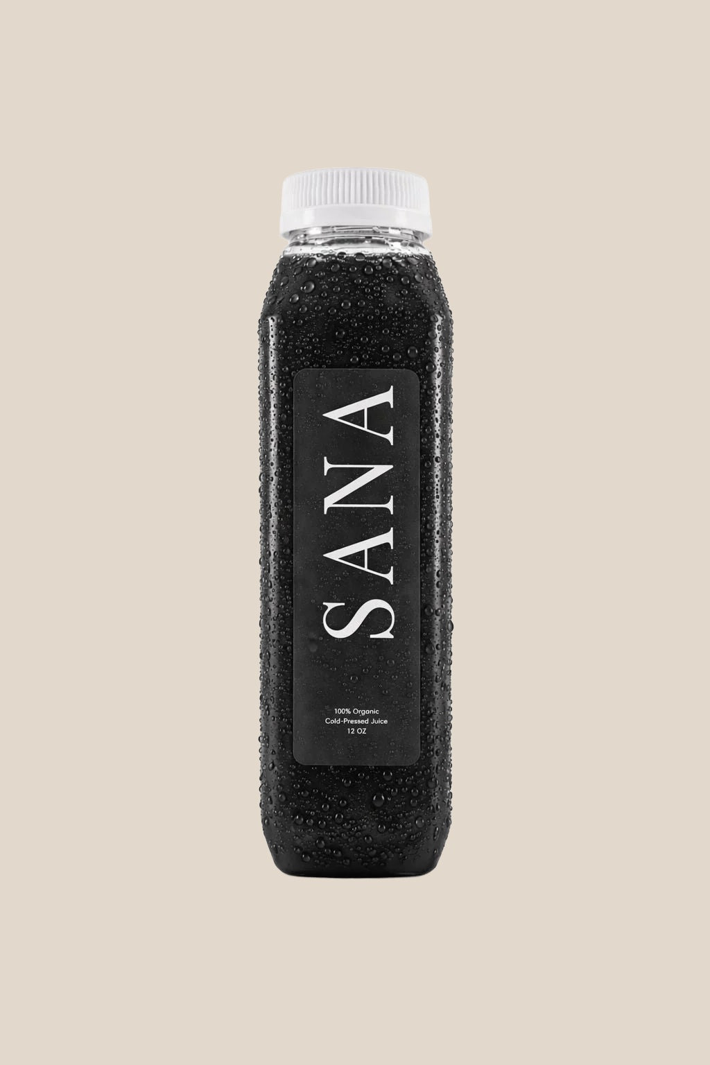Bottle of VANTA SOL Juice, jet-black organic cold-pressed apple, lemon and activated charcoal juice by SANA Wellness Bar