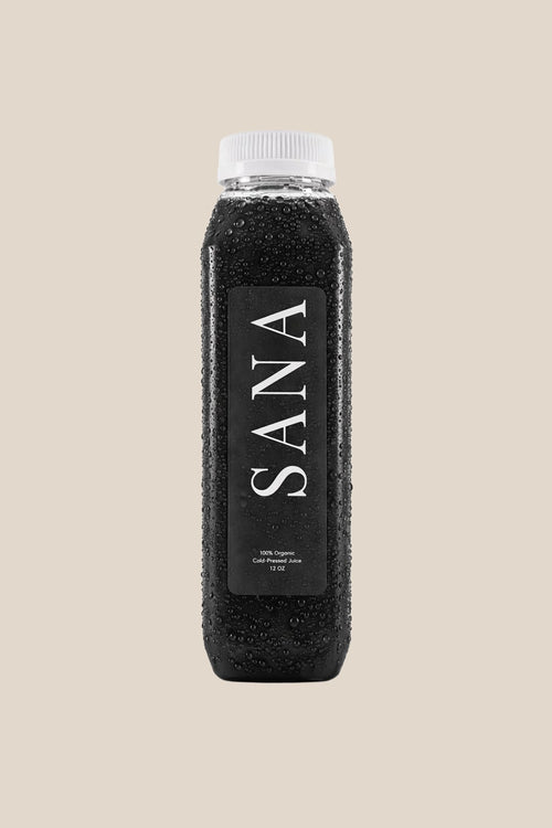 Bottle of VANTA SOL Juice, jet-black organic cold-pressed apple, lemon and activated charcoal juice by SANA Wellness Bar