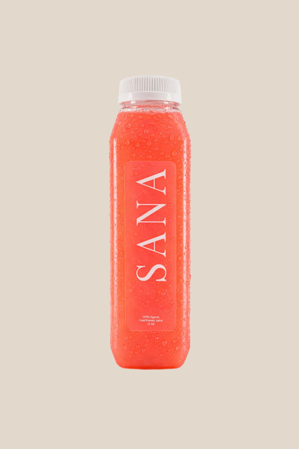 Bottle of Pink Punch Juice, organic cold-pressed strawberry, pineapple, apple and lemon juice by SANA Wellness Bar, Orlando