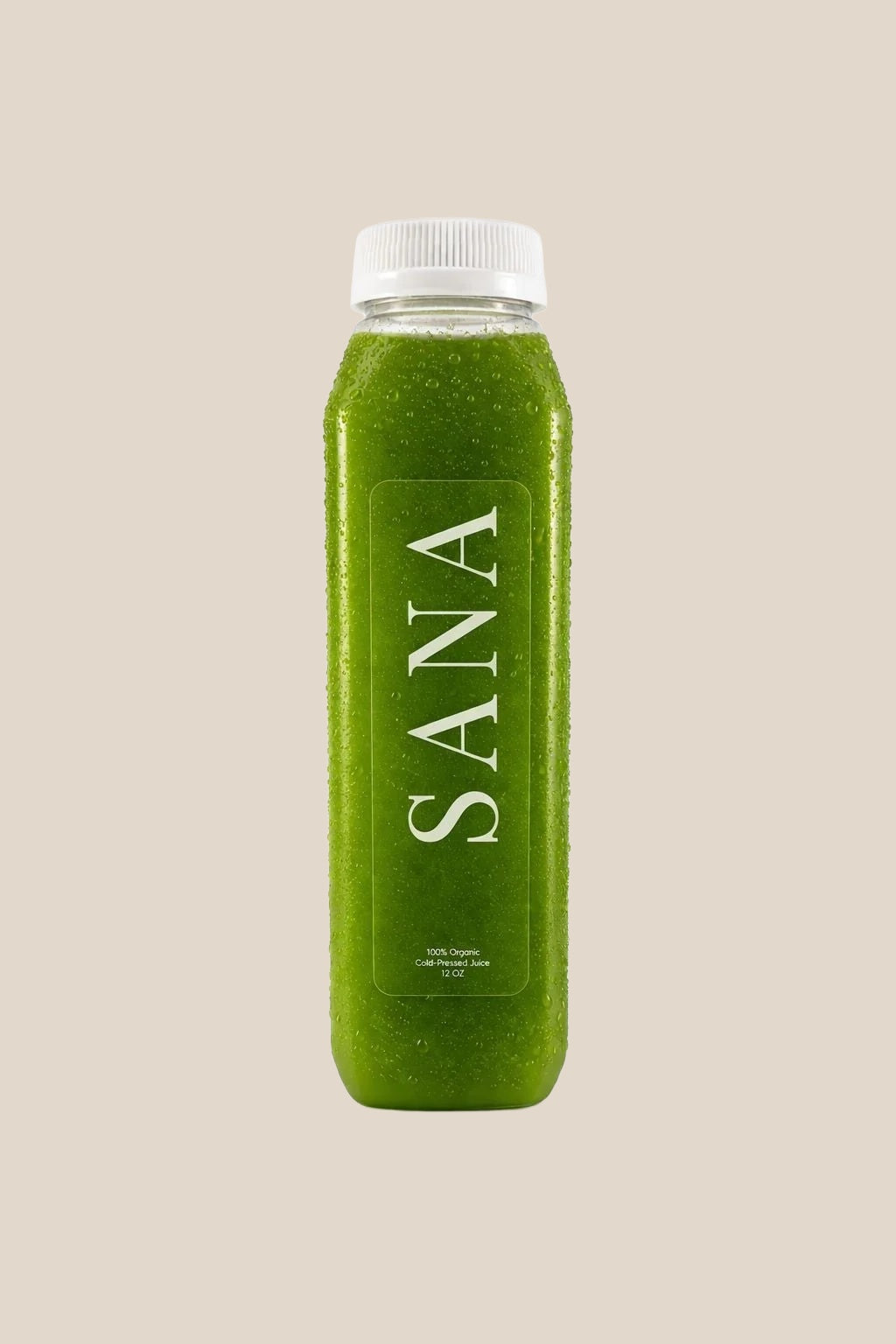 Bottle of Cucumber Green Juice, organic cold-pressed cucumber, apple, kale and lemon juice by SANA Wellness Bar, Orlando
