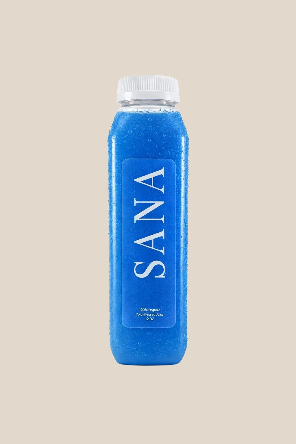 Bottle of Shark Juice, organic cold-pressed apple, pineapple, citrus and blue spirulina juice by SANA Wellness Bar, Orlando