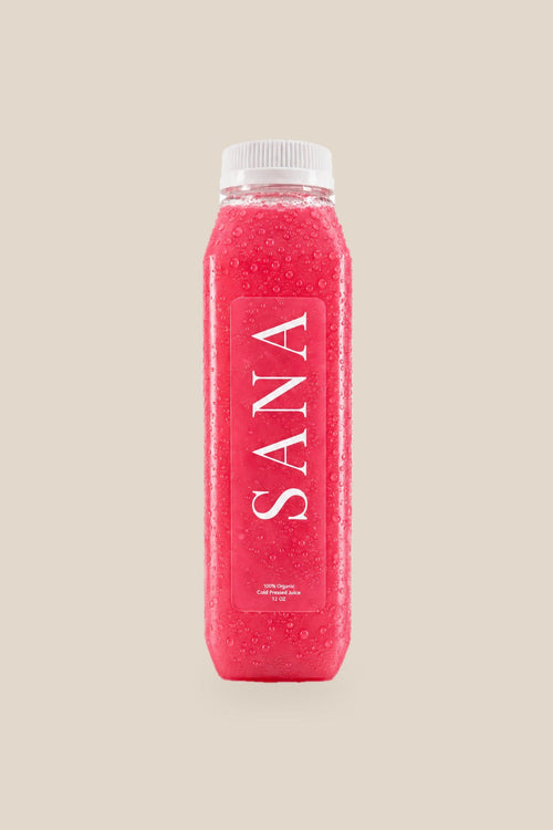 Bottle of Agua Fresca Juice, organic cold-pressed watermelon, lime and mint juice by SANA Wellness Bar, Orlando