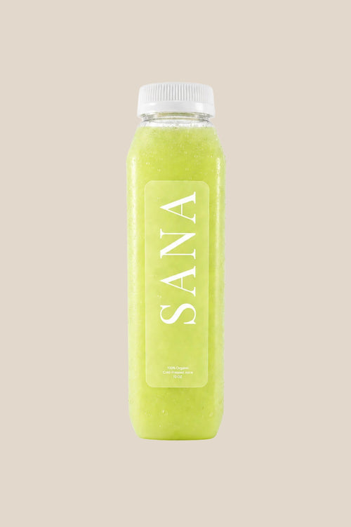 Bottle of Celery Reset Juice, organic cold-pressed celery, lime and ginger juice by SANA Wellness Bar, Orlando