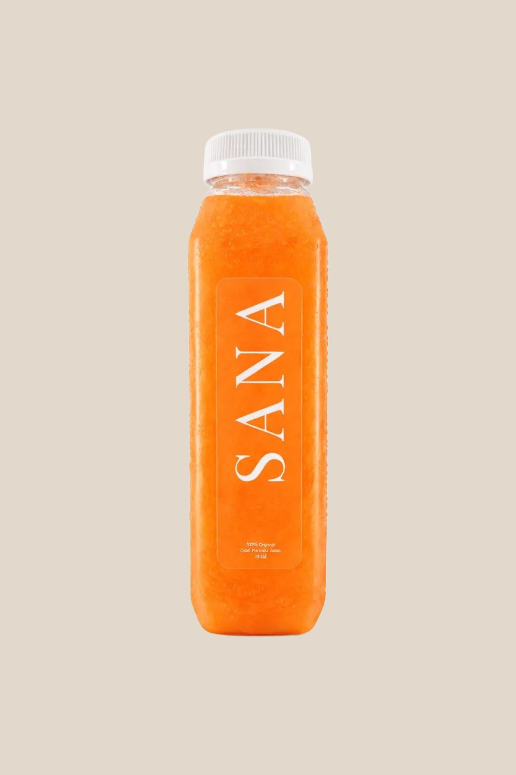 Bottle of Sunshine Juice, organic cold-pressed pineapple, carrot, orange and lime juice by SANA Wellness Bar, Orlando